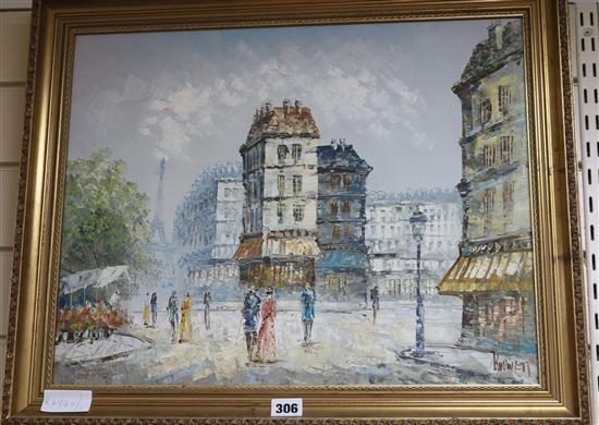 Burnett, oil on board, Parisian street scene 39.5 x 49.5cm